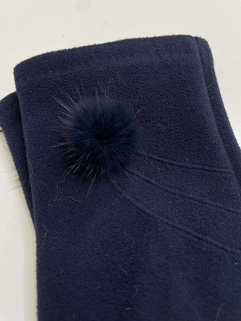 Faux Fur Pom Pom Gloves - Navy