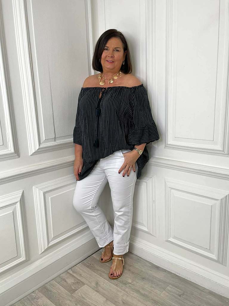 Seersucker Stripe Bardot Top - Black