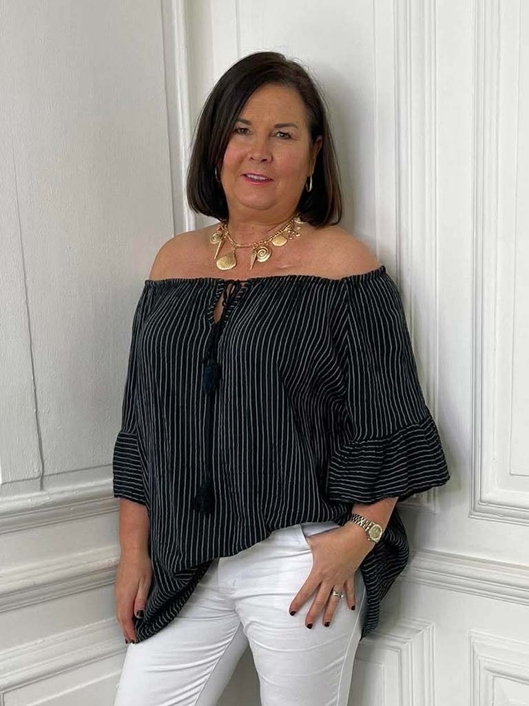 Seersucker Stripe Bardot Top - Black