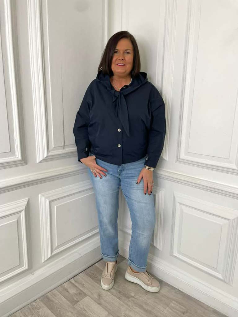 Hooded Tie Neck Jacket - Navy