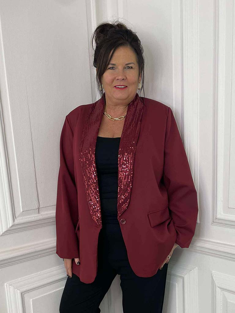 Sequin Lapel Blazer - Merlot