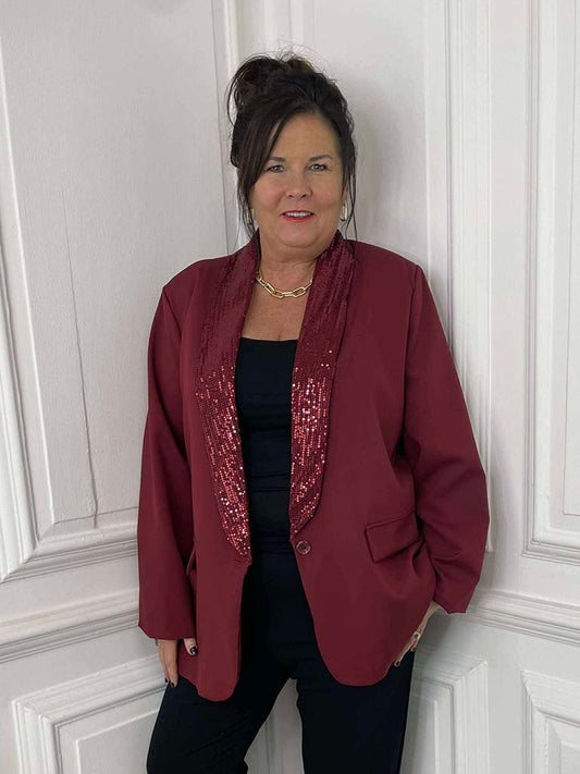 Sequin Lapel Blazer - Merlot