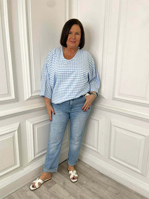 Gingham Gathered Hem Top - Sky