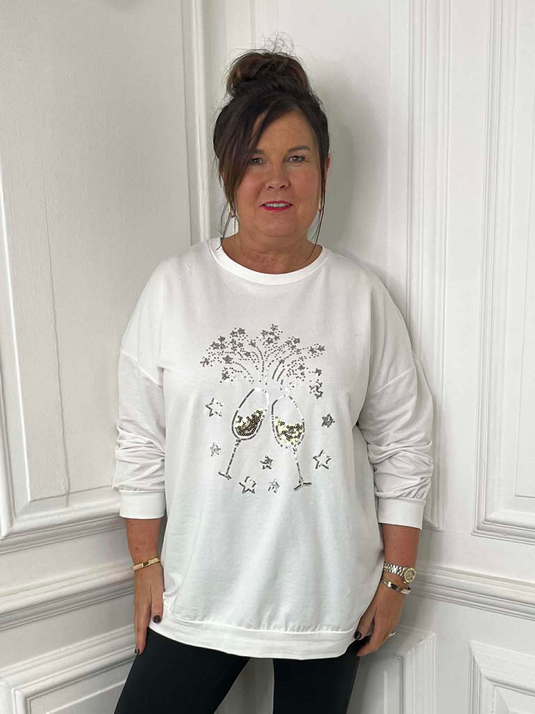 Sequin Champagne Jersey Top - White