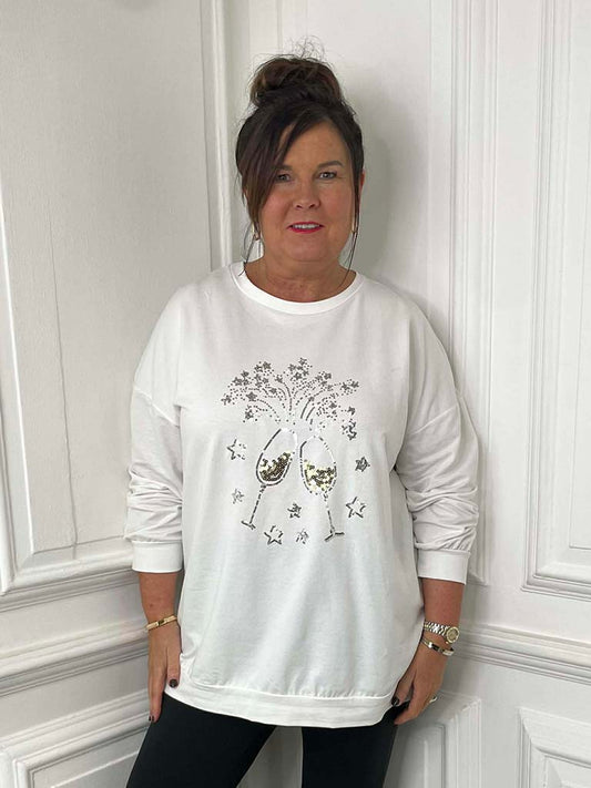 Sequin Champagne Jersey Top - White