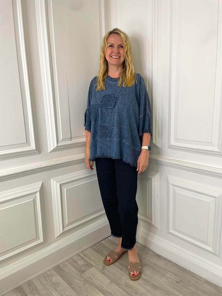 Flower Stitch Raw Edge Top - Denim