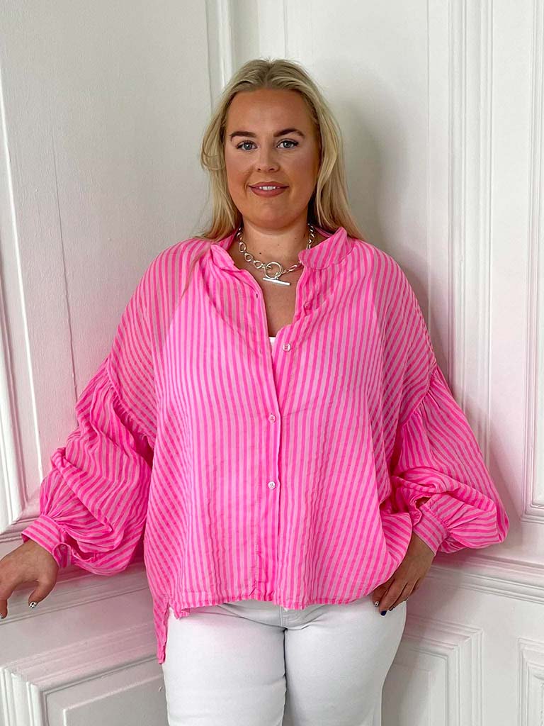 Balloon Sleeve Stripe Blouse - Neon Pink