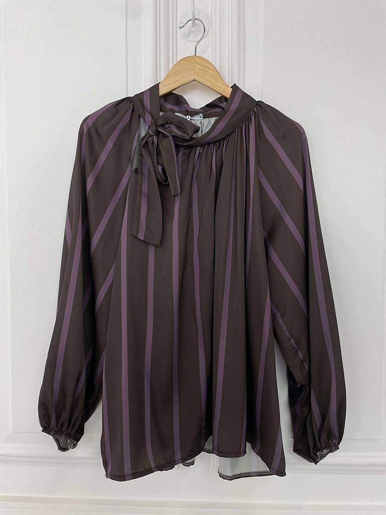 Stripe Tie Neck Blouse - Chocolate
