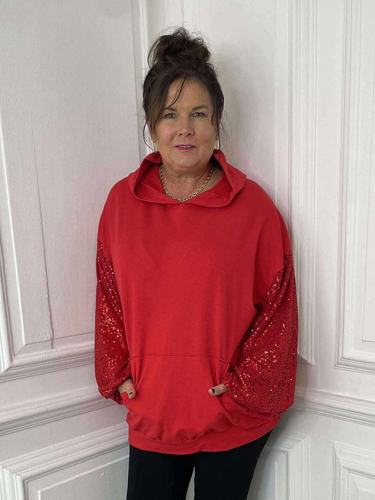Sequin Sleeve Hoodie - Scarlet