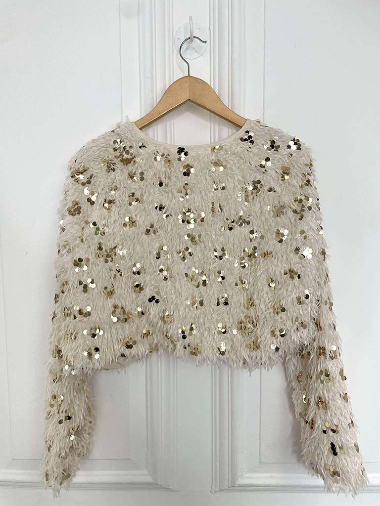 Cropped Faux Feather Sequin Jacket - Ecru
