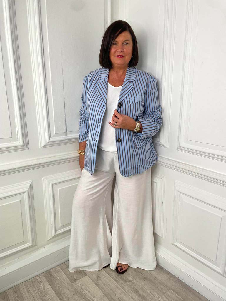 Striped Cotton Blazer - Sky & Brown