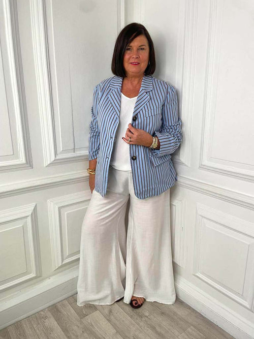 Striped Cotton Blazer - Sky & Brown
