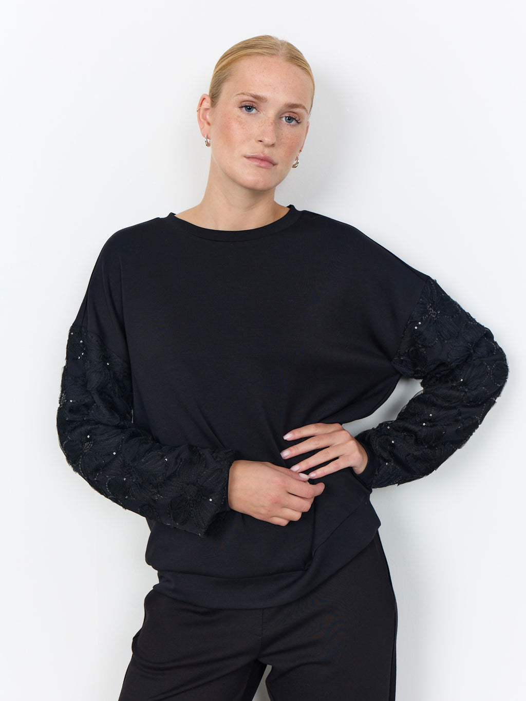 Soya Concept Banu Lace Sleeve Sweatshirt - Black