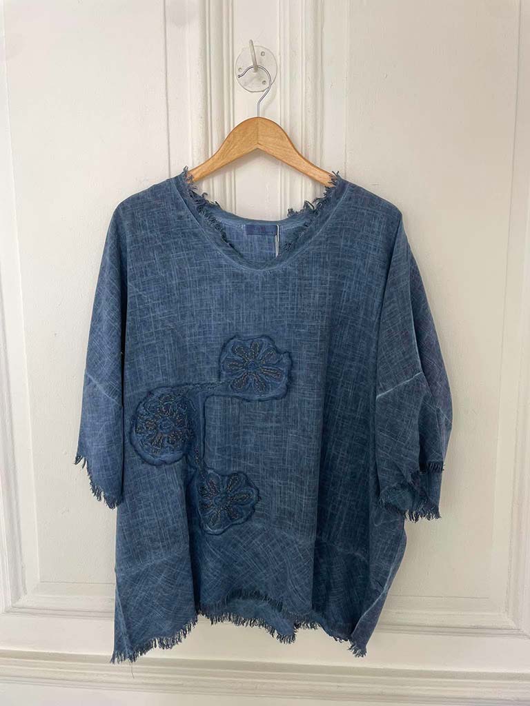 Flower Stitch Raw Edge Top - Denim
