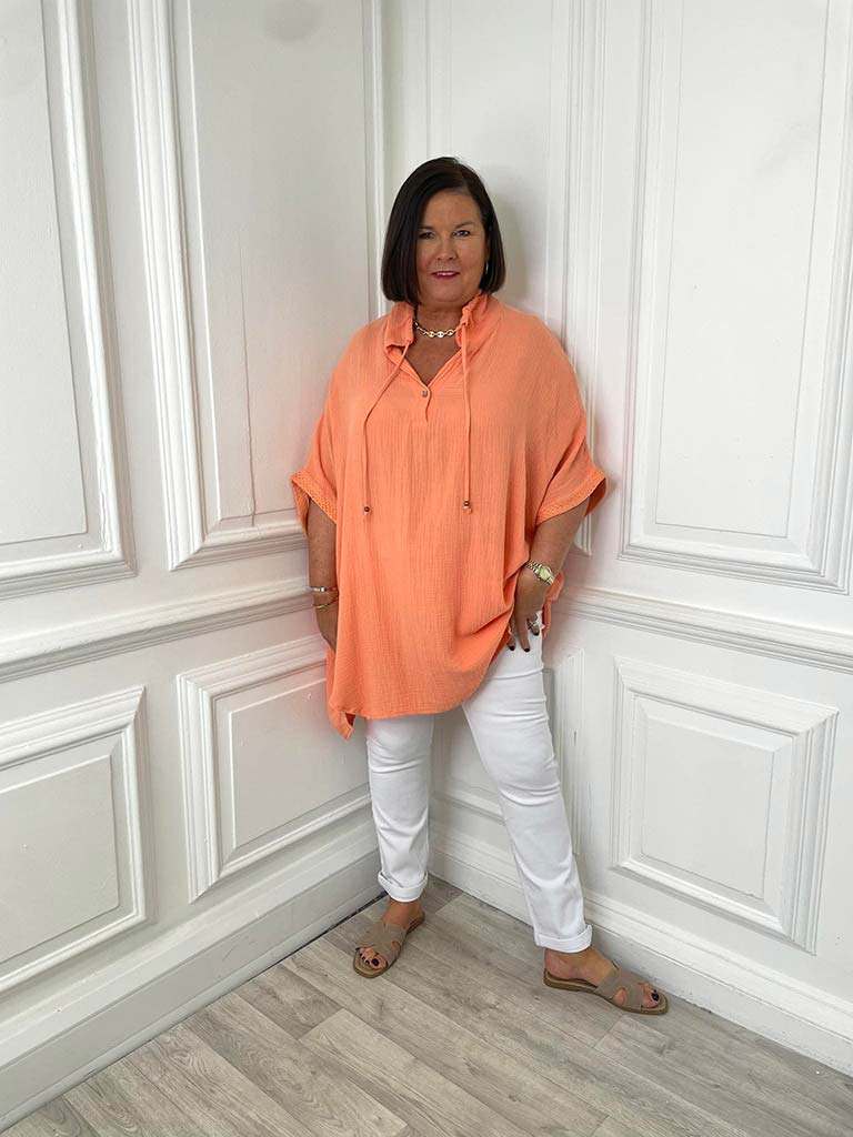 Drawstring Collar Oversized Tunic - Apricot