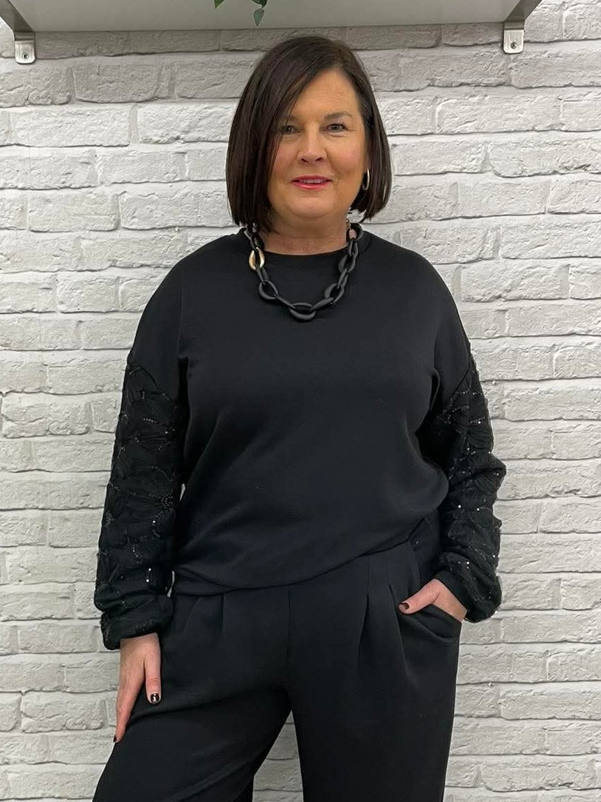 Soya Concept Banu Lace Sleeve Sweatshirt - Black