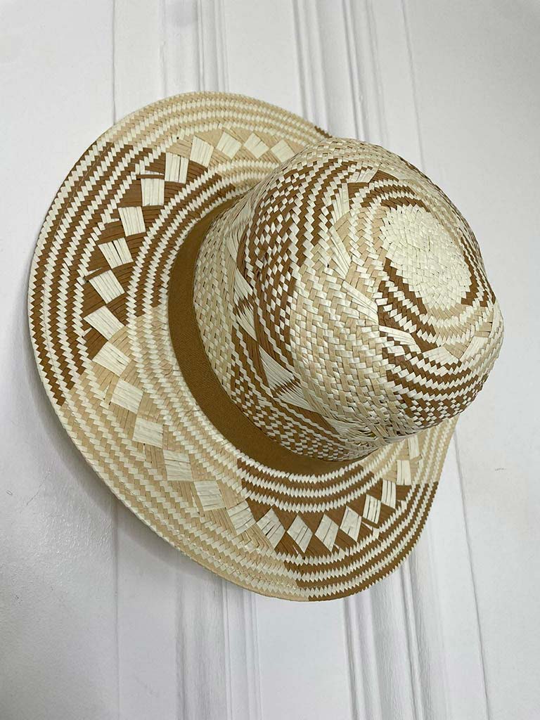 Camel abstract-patterned straw hat with wide brim, perfect for women's fashion and relaxed everyday wear. - Malissa J Abstract Straw Hat - Camel