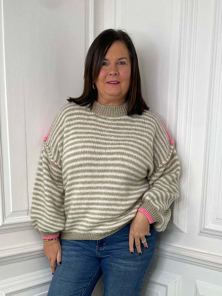 Neon Contrast Stripe Knit - Latte