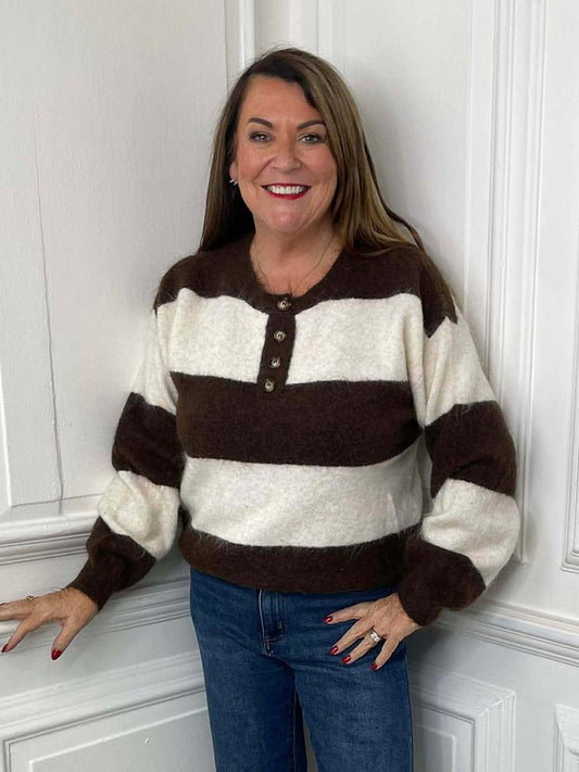 Stripe Button Neck Knit - Chocolate & Cream