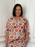 Womens fashion floral tile print top with relaxed fit and V-neck, ideal for everyday wear and modern outfits. - Floral Tile Print Top