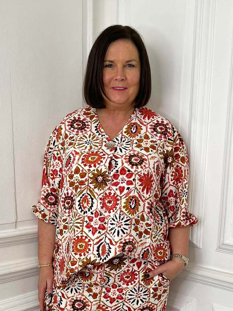 Womens fashion floral tile print top with relaxed fit and V-neck, ideal for everyday wear and modern outfits. - Floral Tile Print Top