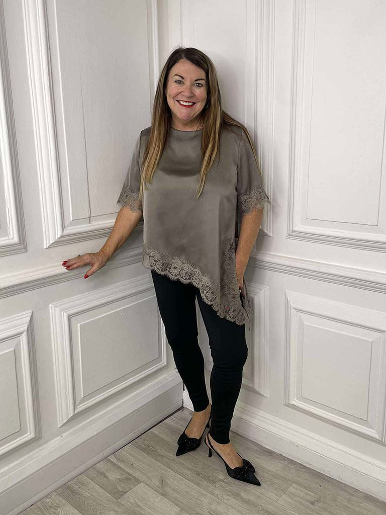 Lace Trim Asymmetric Top - Mocha