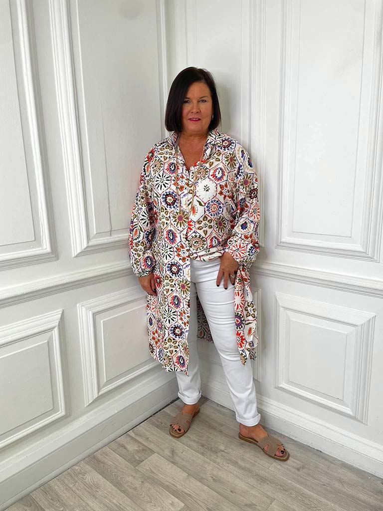 Floral Tile Print Shirt Dress - Orange & Violet