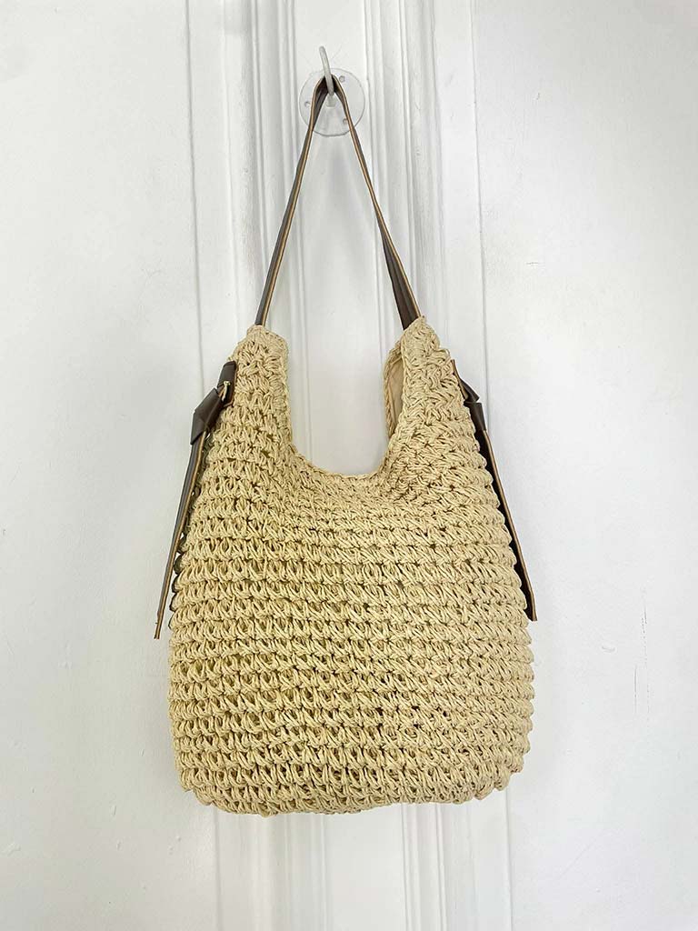 Brown woven slouchy tote bag with relaxed styling, ideal for womens fashion and everyday wear. - Slouchy Woven Tote Bag