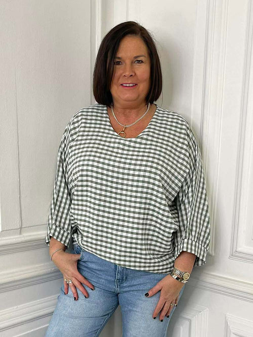 Gingham Gathered Hem Top - Khaki