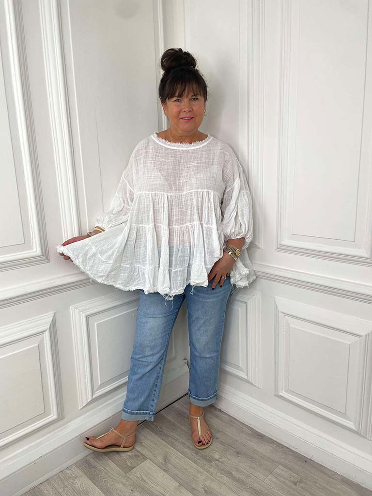 Cotton Balloon Sleeve Smock Top - White