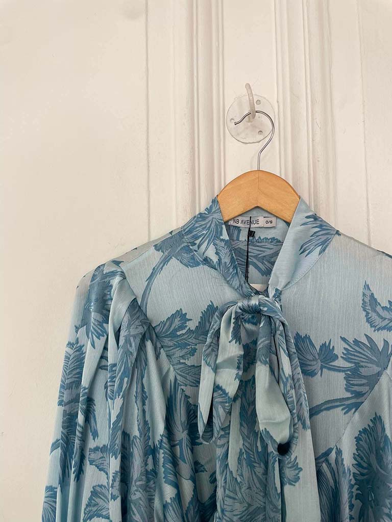 Palm Pussybow Blouse - Aqua