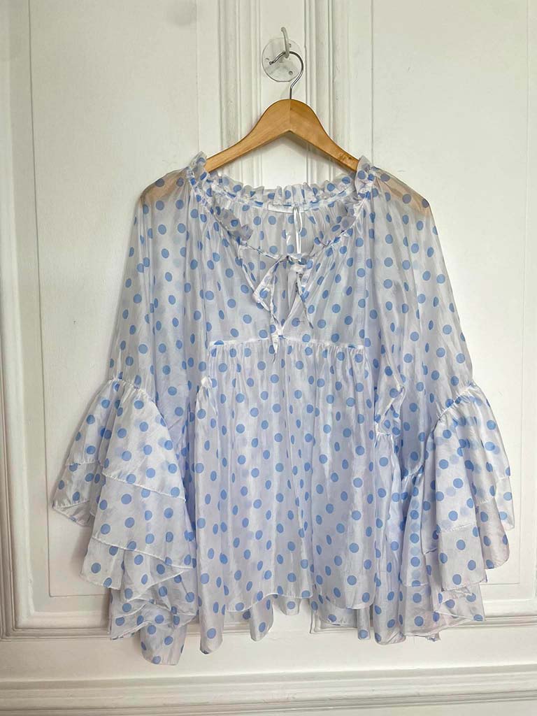 Polka Dot Ruffle Blouse - White & Blue