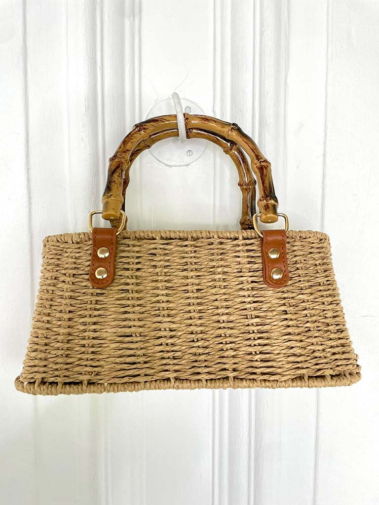 Bamboo Handle Rattan Bag - Caramel