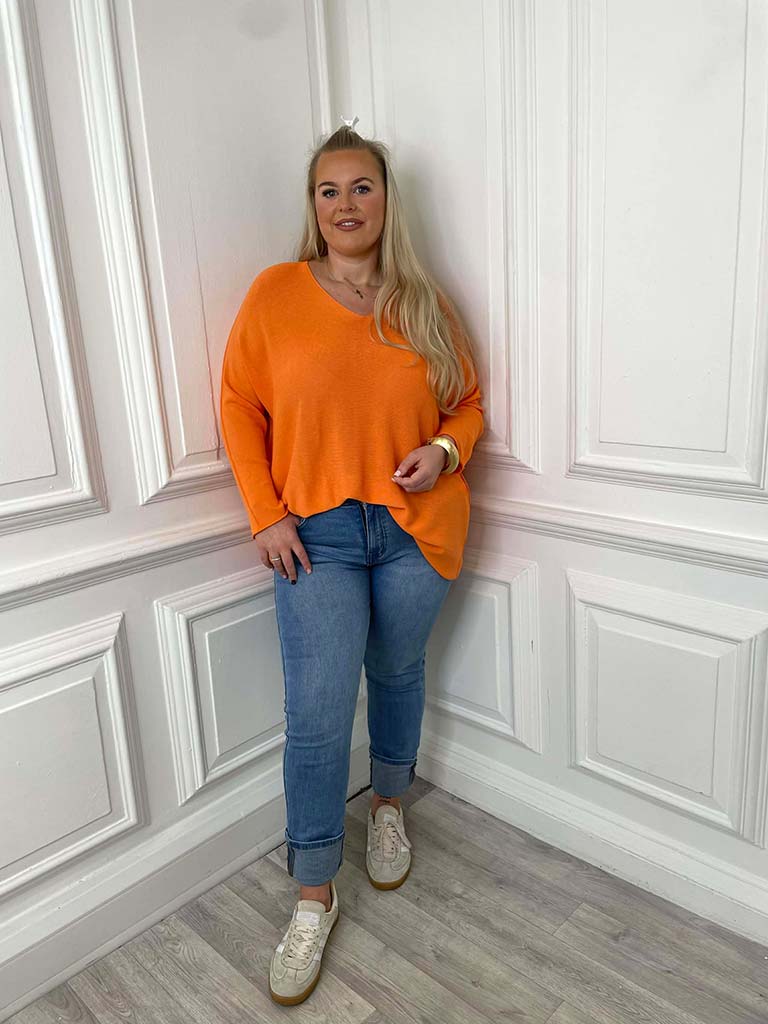 V-Neck Raw Edge Knit - Tangerine