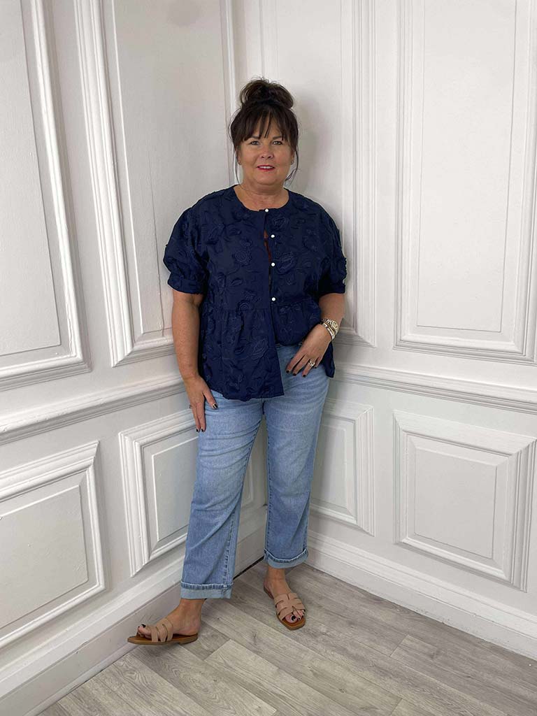 Floral Embroidery Smock Top - Navy