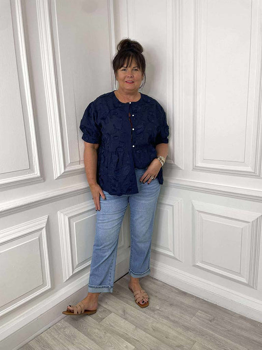 Floral Embroidery Smock Top - Navy