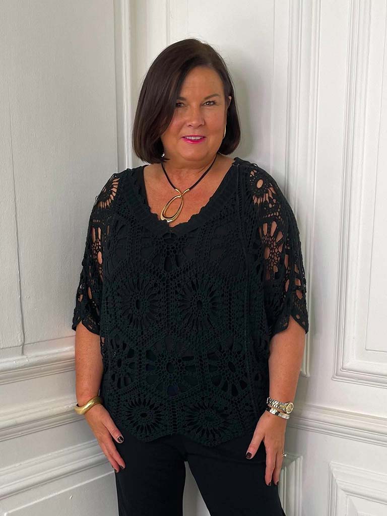V-Neck Cotton Crochet Top - Black