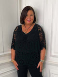 V-Neck Cotton Crochet Top - Black