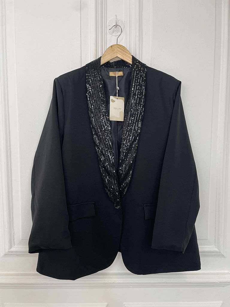 Sequin Lapel Blazer - Black