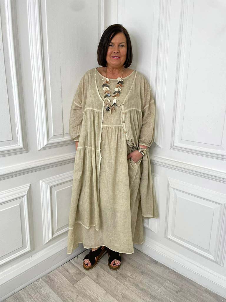 Two Piece Cotton Dress & Long Jacket - Vintage Sand