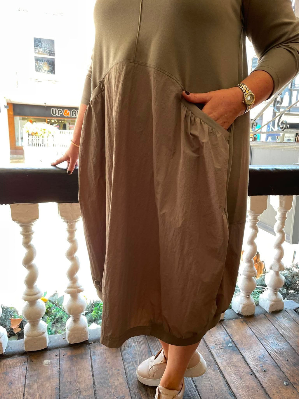 Malissa J Curved Waist Pocket Dress - Latte
