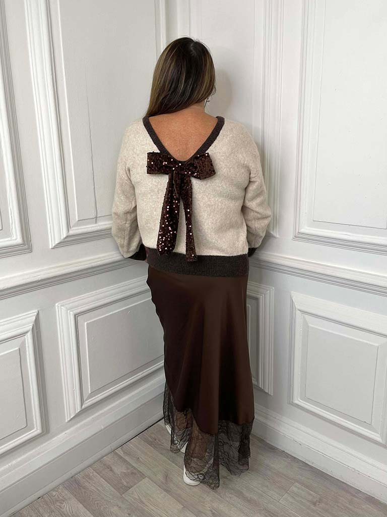 V-Neck Sequin Bow Knit - Stone