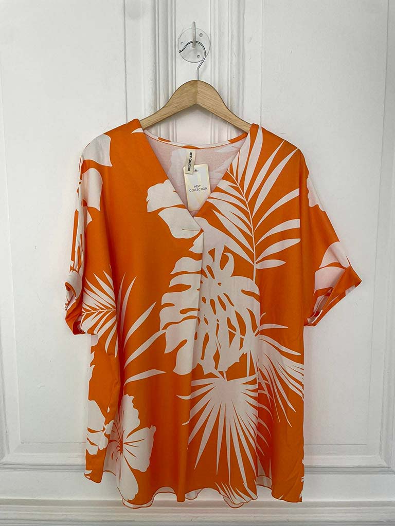 Tropical Print V-Neck Top - Tangerine