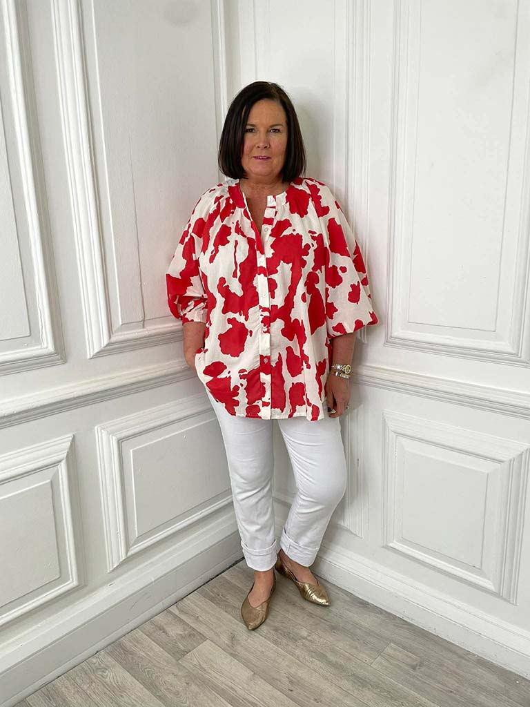 Balloon Sleeve Cow Print Blouse - Red