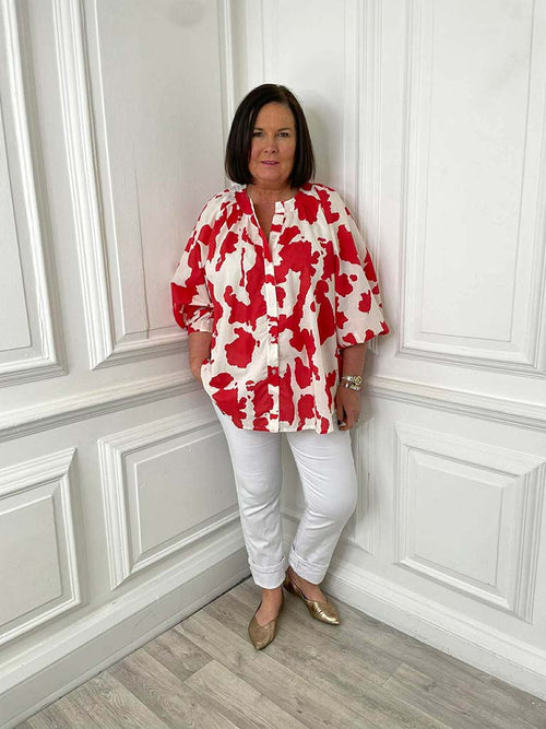 Balloon Sleeve Cow Print Blouse - Red