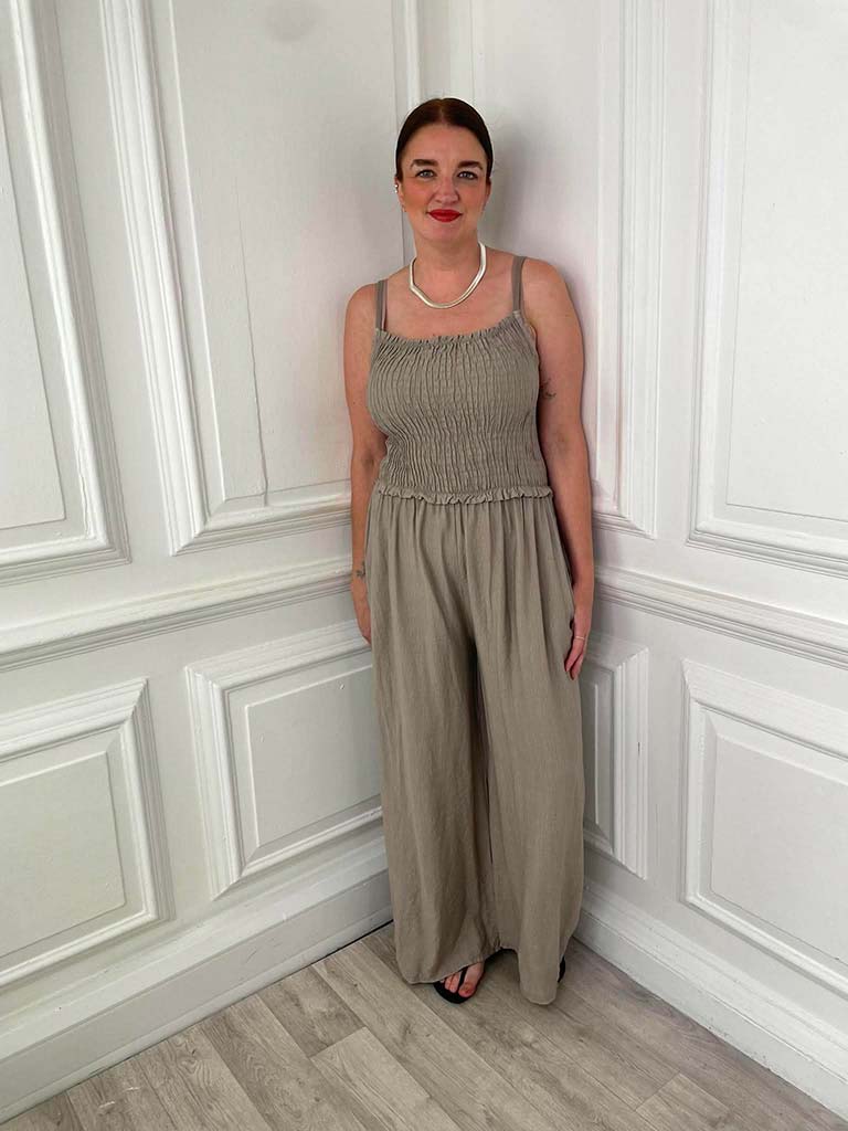 Shirred Strappy Jumpsuit - Mocha