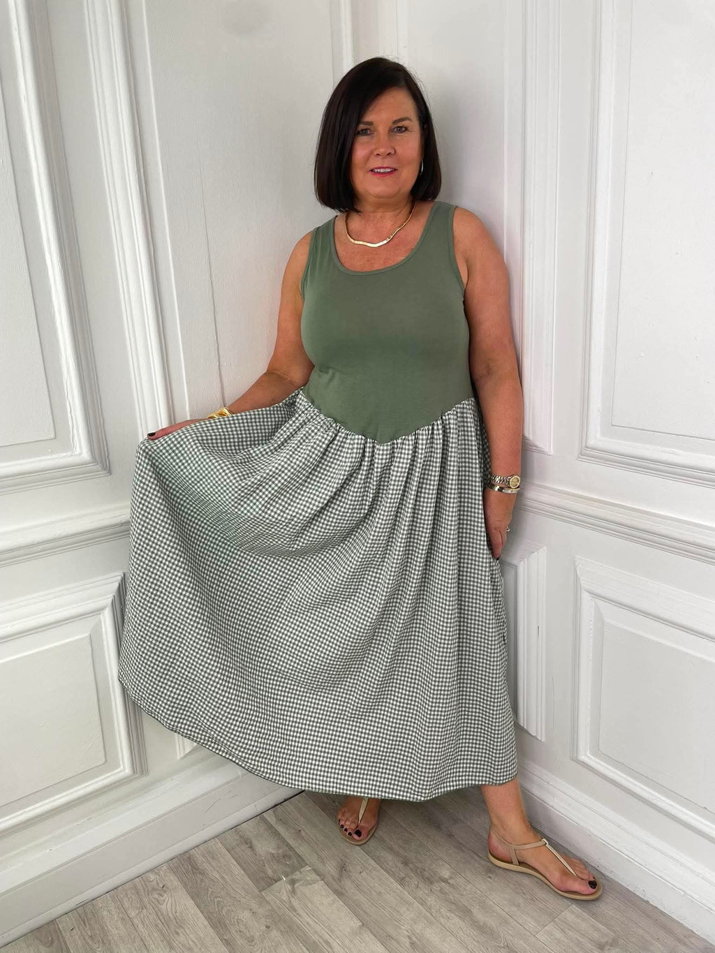 Gingham Skirt Dress - Sage