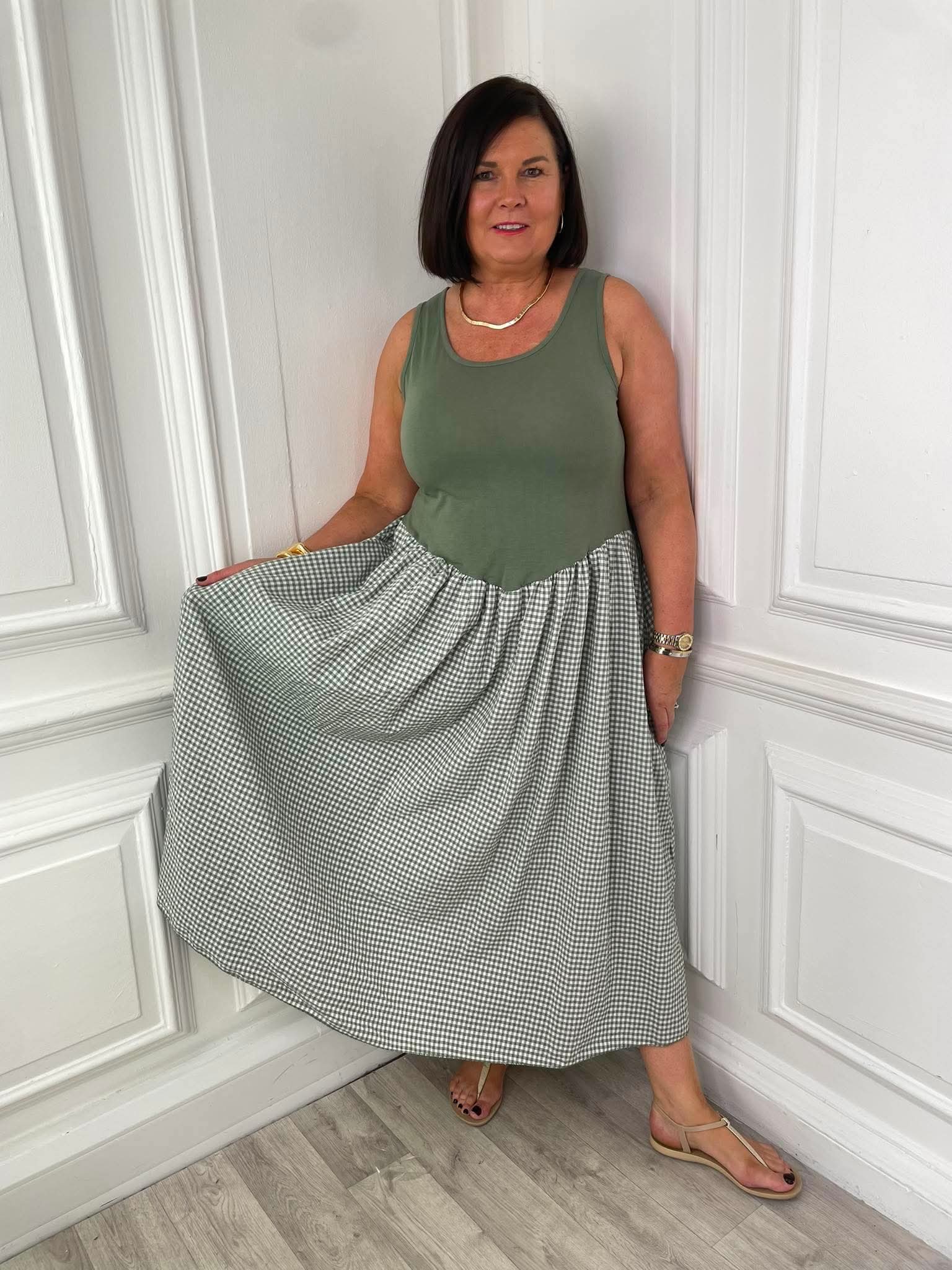 Gingham Skirt Dress - Sage