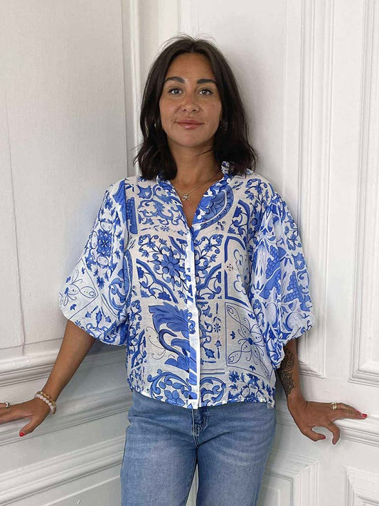 Puff Sleeve Tile Print Shirt