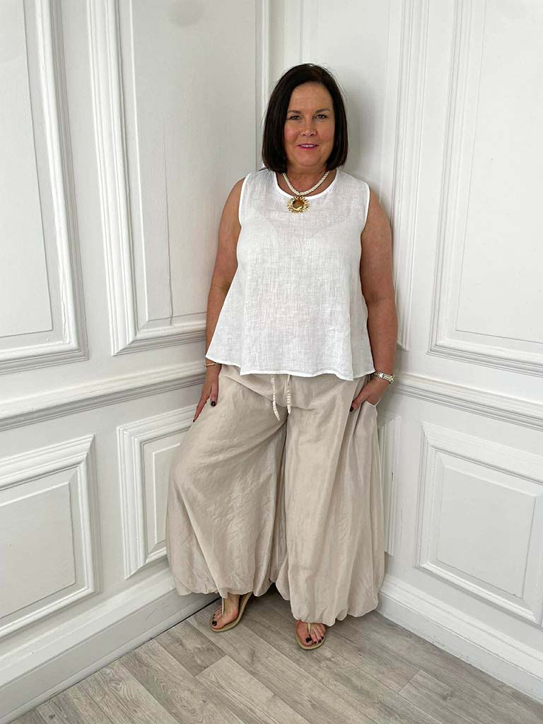 Linen Button Back Top - White